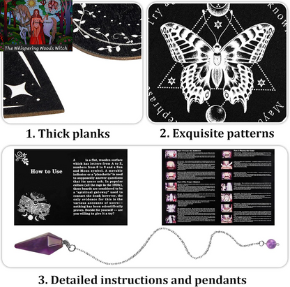 Pendulum Dowsing Divination Board with Amethyst Set Wooden Spirit Talking Board Metaphysical Message Crystal Pendulum Necklace with Planchette for Wiccan Supply(Butterfly Style)