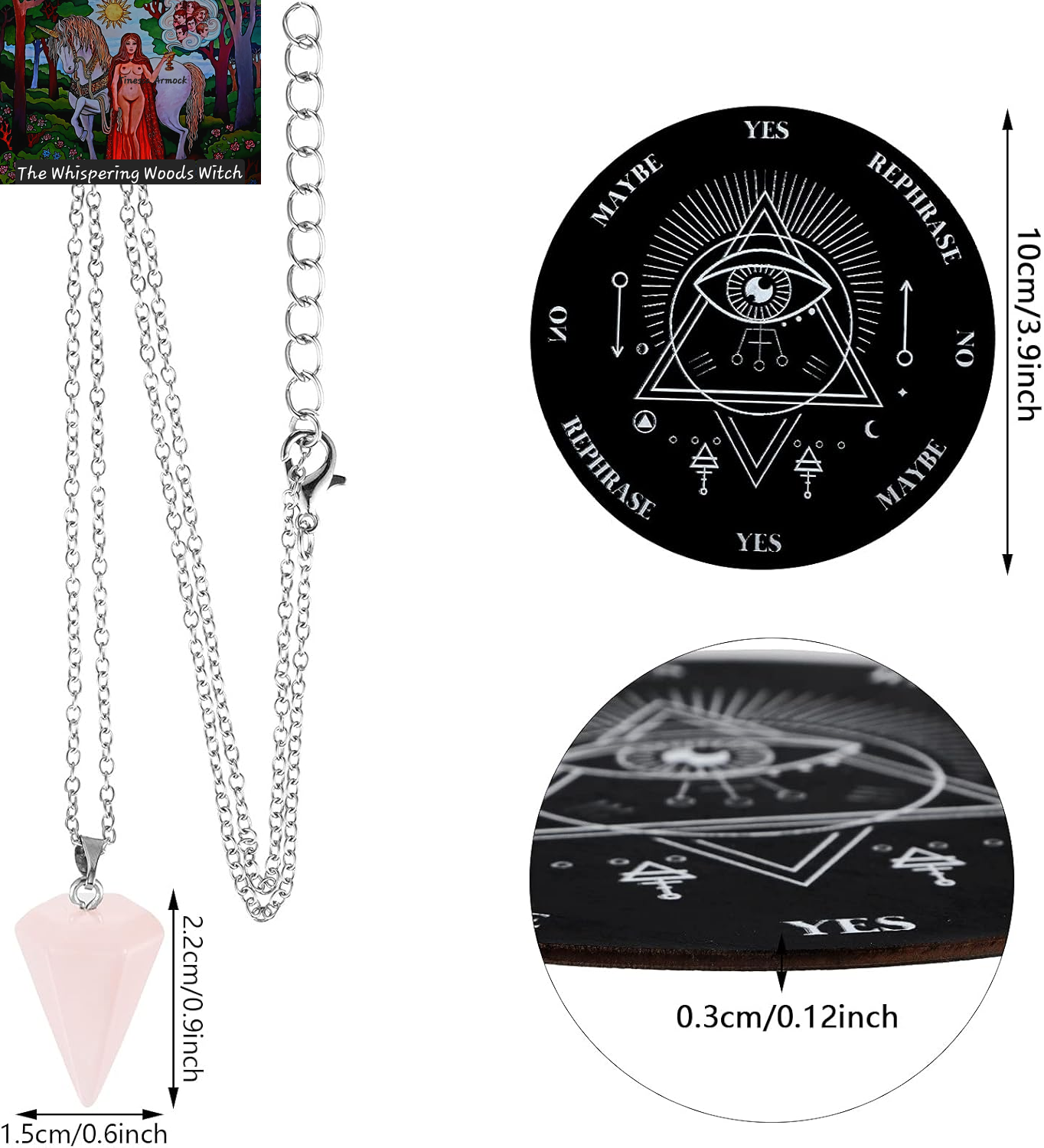 Wooden Pendulum Board Dowsing Divination Pendulum Witchcraft Altar Supplies with Crystal Necklace and Metaphysical Message Board Kit, 3.9 Inch(Black)